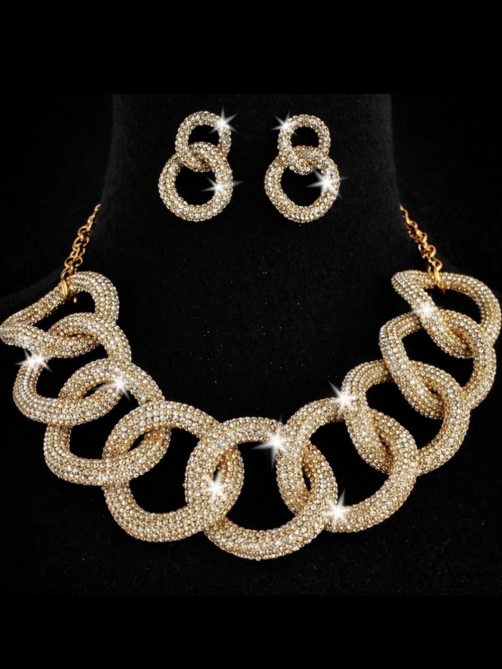 Statement Gold Micro Pave Crystal Chunky Curb Chain Link Necklace Earring Cz Set